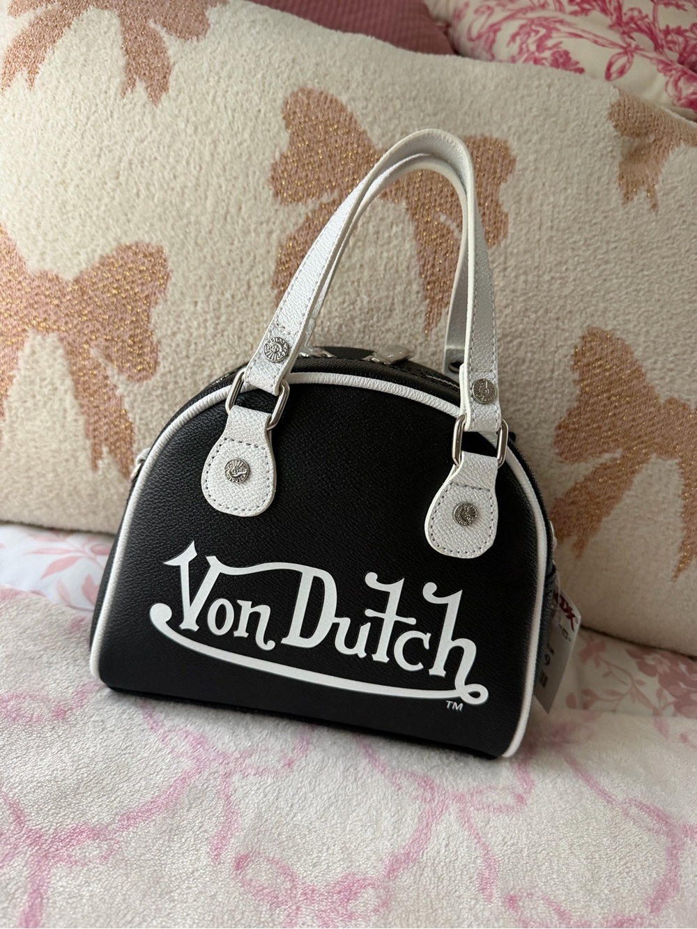 Von Dutch Black and White Logo Mini Dome Bag